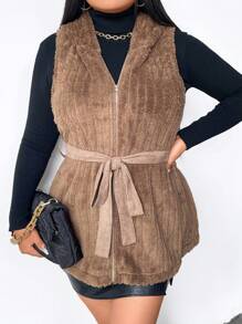 Celure Plus Hooded Belted Fuzzy Vest Coat Thermal - Multicolor - View 4