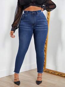 SHEIN SXY Plus High Waist Raw Cut Skinny Jeans - Medium Wash - View 1