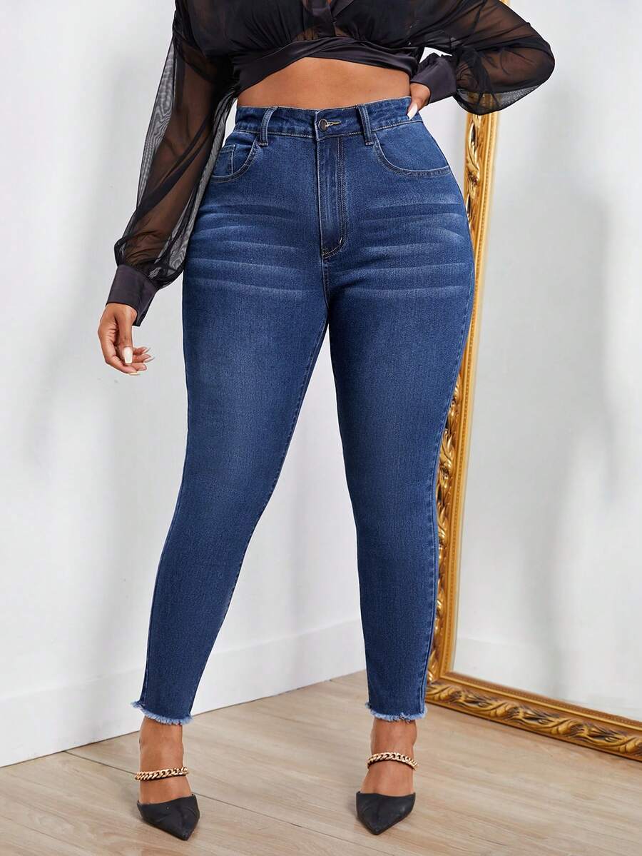 SHEIN SXY Plus High Waist Raw Cut Skinny Jeans - Medium Wash - View 1