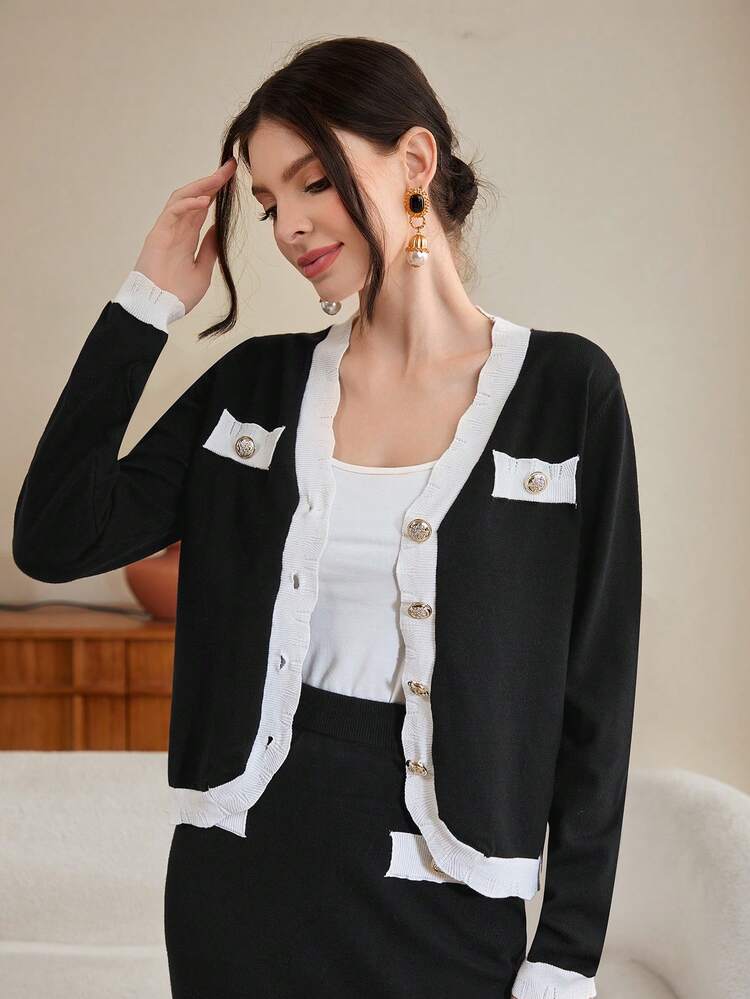 Contrast Trim Button Detail Cardigan & Knit Skirt
