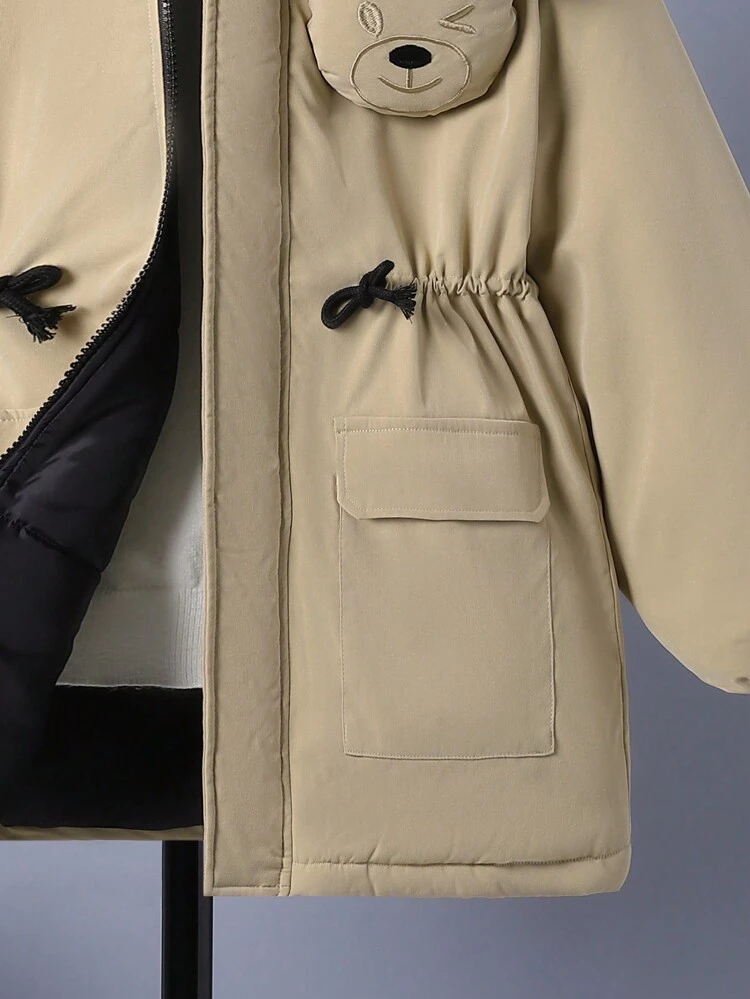 Tween Boy 1pc 3D Bear Decor Drawstring Waist Flap Pocket Hooded Padded Coat