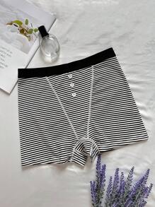 Striped Button Front Boyshorts - Black and White - View 1