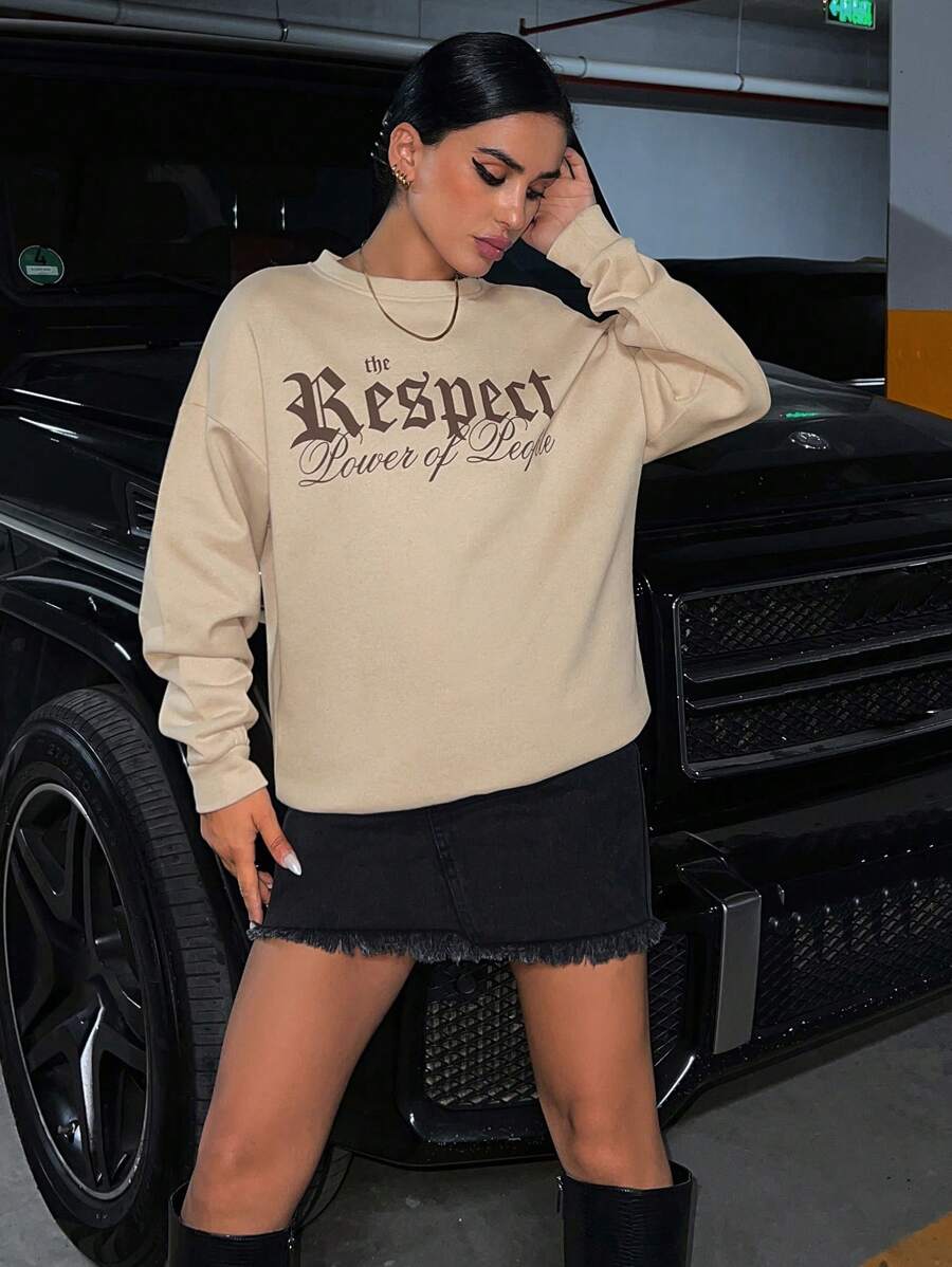 EURMUSE Letter Graphic Drop Shoulder Sweatshirt - Beige - View 1