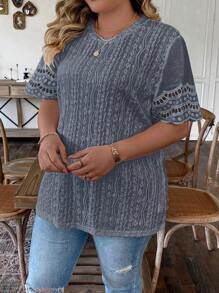 SHEIN LUNE Hơn Ren tương phản Cắt vỏ sò Lỗ gắn thêu Áo thun - Màu xanh hải quân - Xem 4