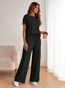 SHEIN LUNE Chất rắn tay cánh Áo thun & Quần ống rộng - màu đen - Xem 5