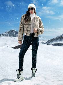 SHEIN LUNE Allover Print Open Front Fuzzy Coat Fall Cloth For Women - Light Grey - View 3
