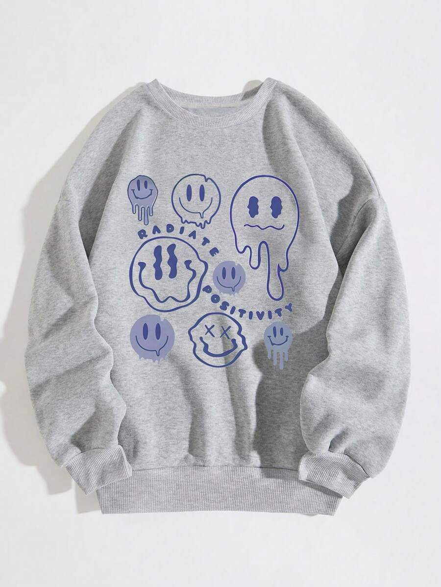 SHEIN Qutie Cartoon And Letter Graphic Thermal Lined Sweatshirt - Grey - View 1