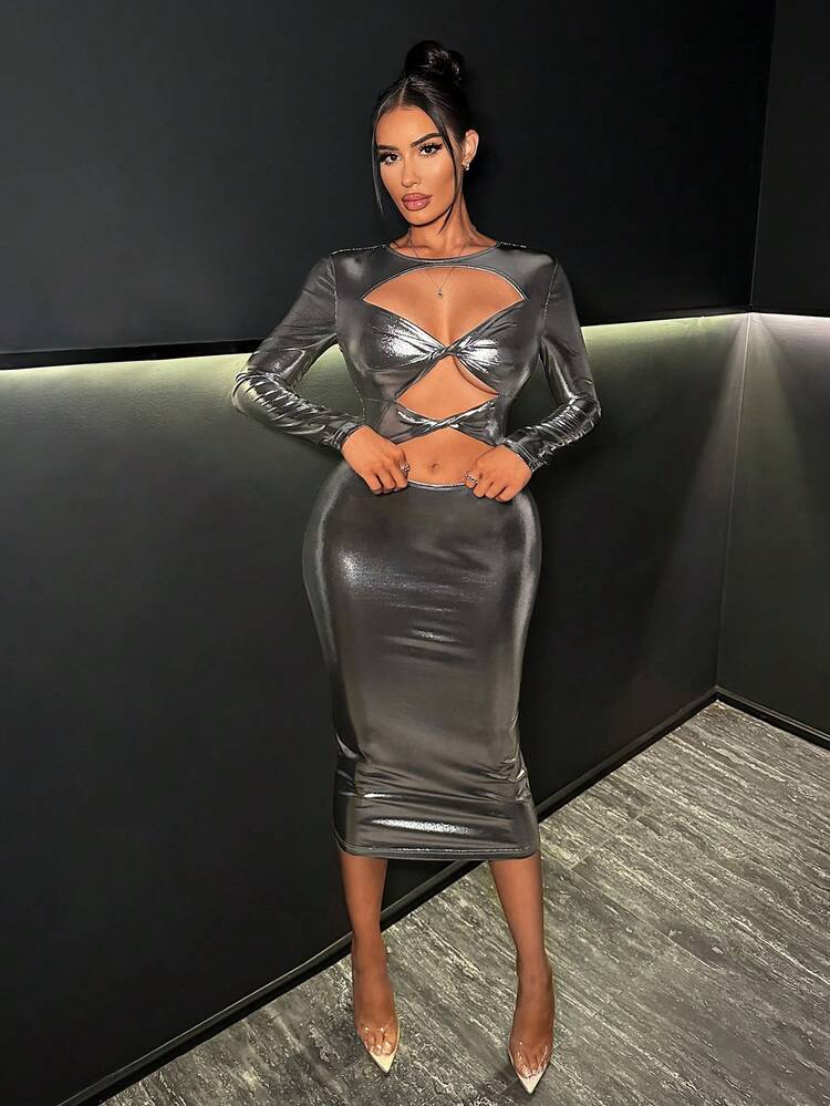 Cut Out Front Metallic Bodycon Dress