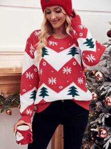SHEIN Frenchy Christmas Pattern Drop Shoulder Sweater - Red - View 3