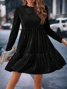 SHEIN Clasi Solid Ruffle Hem Smock Dress - Black - View 1