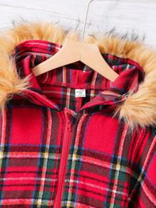 SHEIN Tween Girl Plaid Fuzzy Trim Hooded Poncho Overcoat - Red - View 5