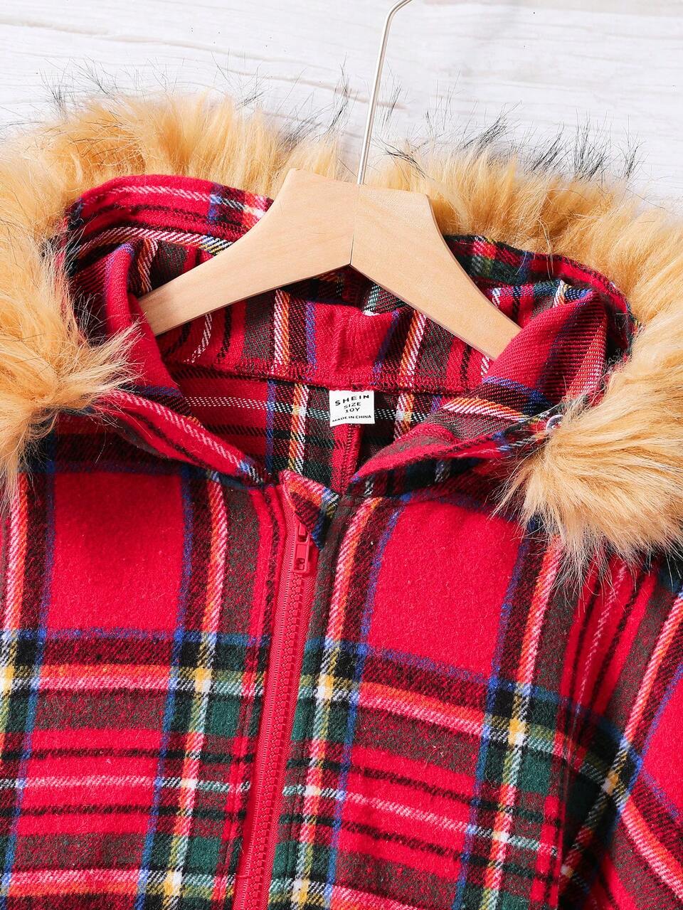 Tween Girl Plaid Fuzzy Trim Hooded Poncho Overcoat