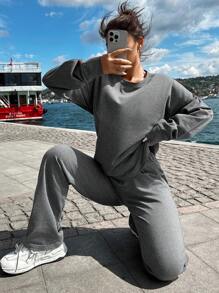 RueChic Solid Drop Shoulder Tee & Sweatpants - Dark Grey - View 6