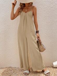 Breezaya Solid Slant Pocket Ruched Detail Cami Jumpsuit - Apricot - View 5