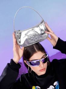 SHEIN X The Smurfs Silver Lady Handbag / Clutch Bag With Zipper - Silver - View 6