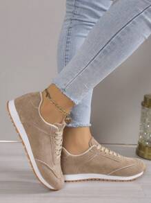 秋冬女士纯色户外系带舒适休闲运动鞋 - 卡其色 - 查看 4