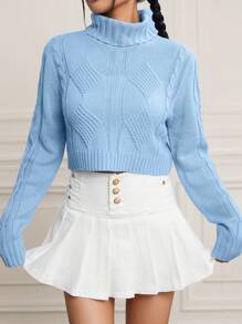 SHEIN MOD Turtleneck Cable Knit Turtleneck Crop Sweater - Blue - View 1