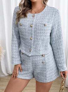SHEIN Franclia Plus Plaid Print Button Front Jacket & Shorts - Blue and White - View 5