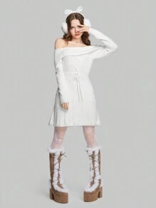 ROMWE Kawaii Foldover Off Shoulder Knot Front Sweater Dress - White - View 2
