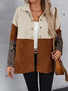 EMERY ROSE Leopard Print Colorblock Drop Shoulder Corduroy Coat - Multicolor - View 1