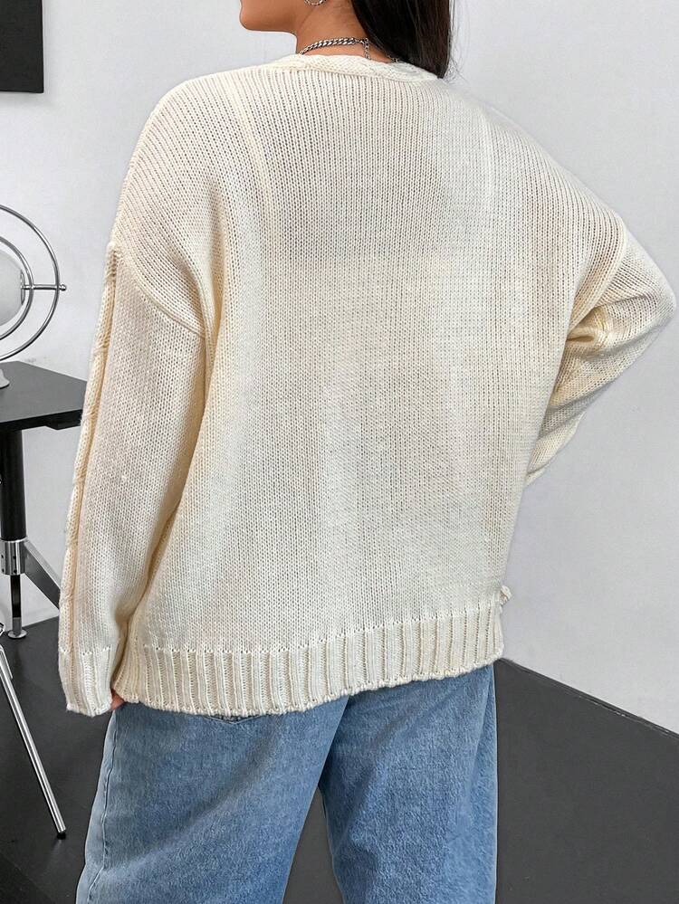 Plus Cable Knit Drop Shoulder Pocket Patched Cardigan