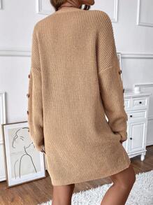 SHEIN LUNE Drop Shoulder Pocket Patched Button Detail Sweater Dress Fall Cloth For Women - Khaki - View 2