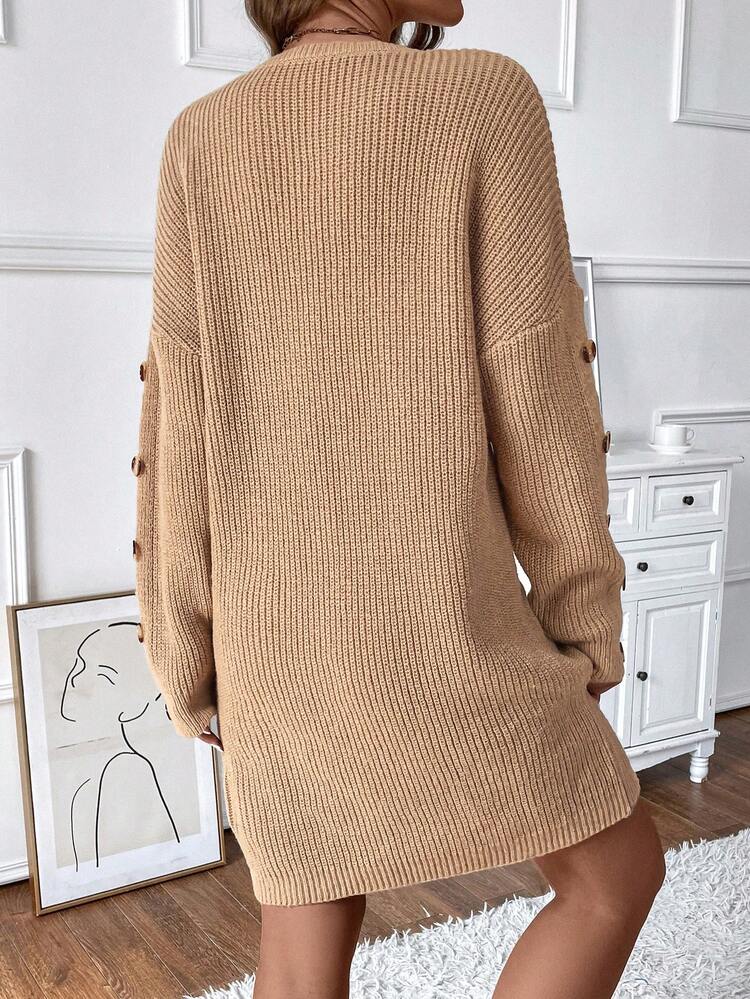 Drop Shoulder Pocket Patched Button Detail Sweater Dress Fall Cloth For Women