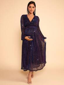 SHEIN Thai sản Cổ Lao Tay áo lồng đèn Váy sequin - Màu tím - Xem 3