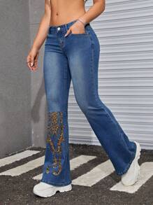 SHEIN ICON Butterfly Print Flare Leg Jeans - Medium Wash - View 5