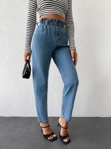 EURMUSE Paperbag Waist Mom Fit Jeans - Medium Wash - View 5