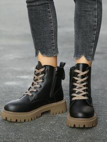 Hàng mới đến 2023 Của phụ nữ Chóp giầy tròn Dày Đế Dây kéo bên Mặt trước Lace-up Giữa bắp chân Chống trượt Thoải mái Thời trang Moto Giày ống Đối với Mùa thu Và Mùa Đông - màu đen - Xem 5