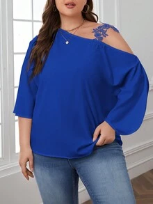 SHEIN Privé 大碼凸花蕾絲貼花不對稱領襯衫 - 寶藍色 - 查看 6