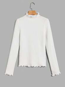 SHEIN EZwear Jersey de cuello alto ribete en forma de lechuga tejido de canalé - Blanco - Ver 2