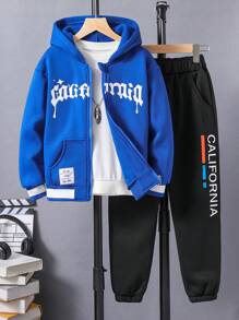 男大童字母圖案拼接邊連帽夾克和運動褲不帶T恤 - 彩色 - 查看 1