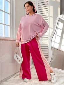 SHEIN EZwear Áo nỉ nữ cỡ lớn tay rớt vai với họa tiết chữ và hoạt hình. - Hồng - Xem 3