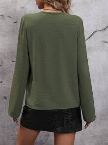 SHEIN Frenchy Solid Roll Up Sleeve V Neck Blouse - Army Green - View 2