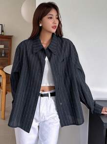 DAZY Women's Casual Business Long Sleeve Striped Loose Shirt,Long Sleeve Tops,Fall Clothes