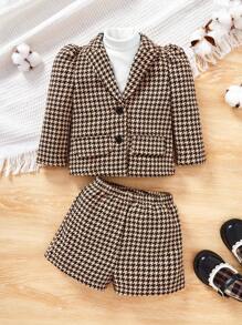 SHEIN Baby Girl Houndstooth Print Puff Sleeve Jacket & Shorts Without Sweater - Multicolor - View 1