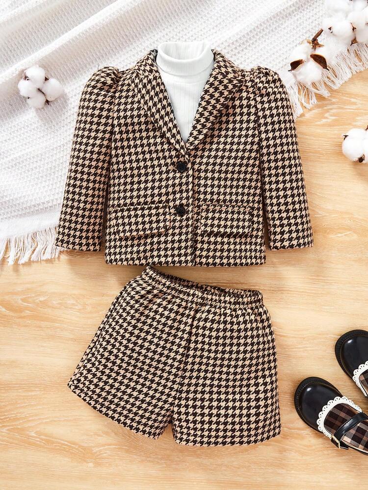 Baby Girl Houndstooth Print Puff Sleeve Jacket & Shorts Without Sweater