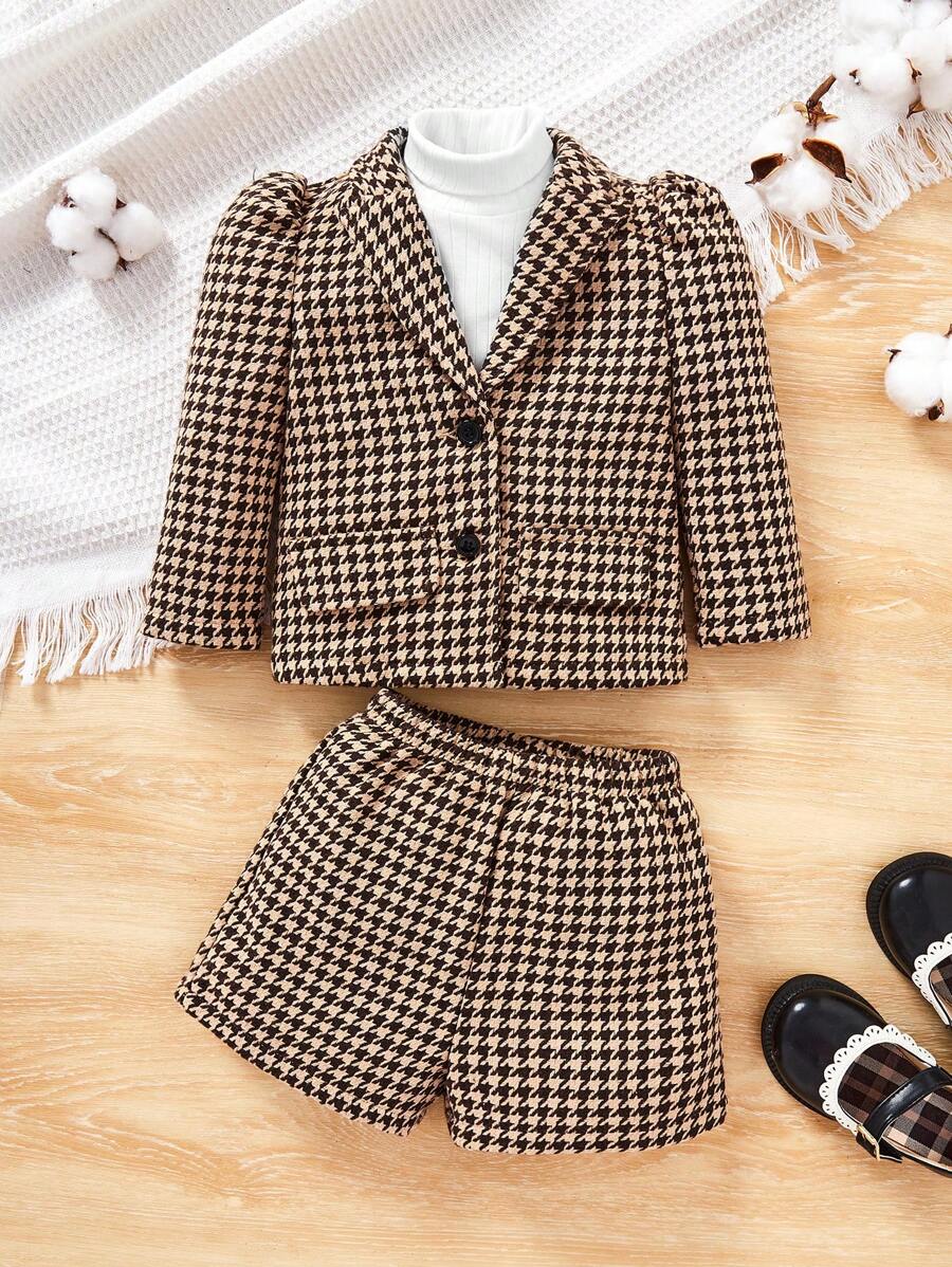 SHEIN Baby Girl Houndstooth Print Puff Sleeve Jacket & Shorts Without Sweater - Multicolor - View 1