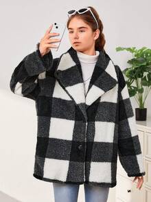 SHEIN 青少年女孩大方格圖案大翻領絨毛外套 - 黑與白 - 查看 7