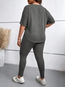 SHEIN LUNE Plus Drop Shoulder Split Hem Tee & Leggings - Dark Grey - View 2