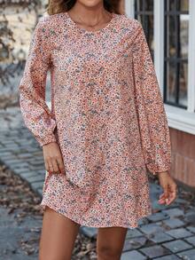 SHEIN LUNE In hoa Ditsy Tay áo lồng đèn Đầm Tunic - Hồng - Xem 5