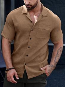 Manfinity Homme Homme Chemise Unicolore À Bouton Avec Poche - Tabac - Voir 5