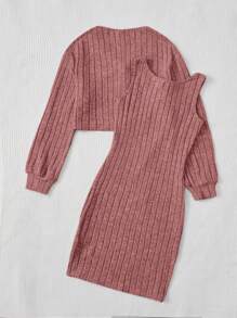 SHEIN Leap Crew Teen Girl Button Front Jacket & Tank Dress - Pink - View 2