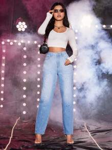 High Waist Splash Ink Print Mom Fit Jeans - Blue - View 4