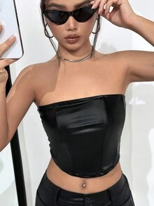 SHEIN Unity Solid PU Leather Tube Top - Black - View 5