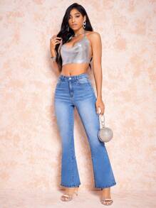 SHEIN BAE High Waist Flare Leg Jeans - Blue - View 3