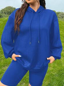 SHEIN EZwear Plus Size Slogan Graphic Drop Shoulder Drawstring Sweatshirt - Royal Blue - View 2