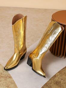 Styleloop 女士時尚刺繡西部靴，女士牛仔靴 - 金色 - 查看 5